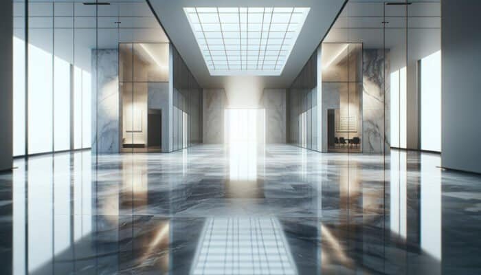 A polished marble floor reflecting light, enhancing room elegance and spaciousness.