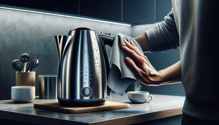 How to Maintain Your Electric Kettle: Sleek electric kettle on countertop, being wiped with a damp cloth to remove dust and fingerprints.