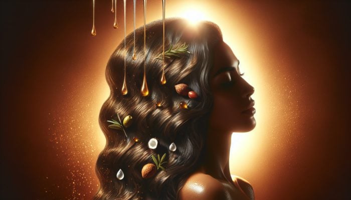 Luxurious hair glistening with droplets of coconut, argan, and olive oil, illuminated by warm light.
