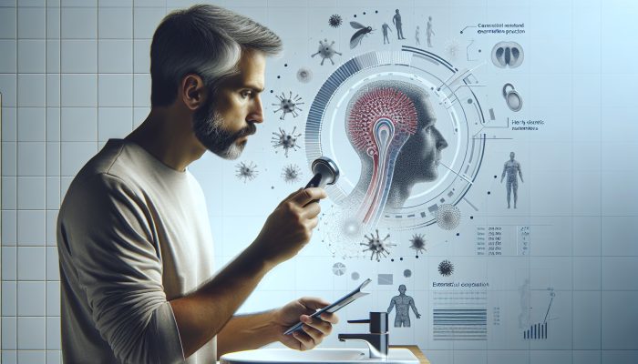 Man performing testicular self-exam in bathroom, focused, with medical diagrams and statistics on early detection.