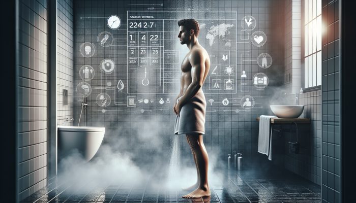 Man in bathroom performing testicular self-exam, calendar showing monthly reminders.