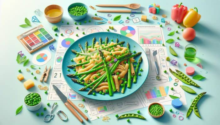 A vibrant spring pasta dish with sautéed asparagus and steamed garden peas on a colorful table.