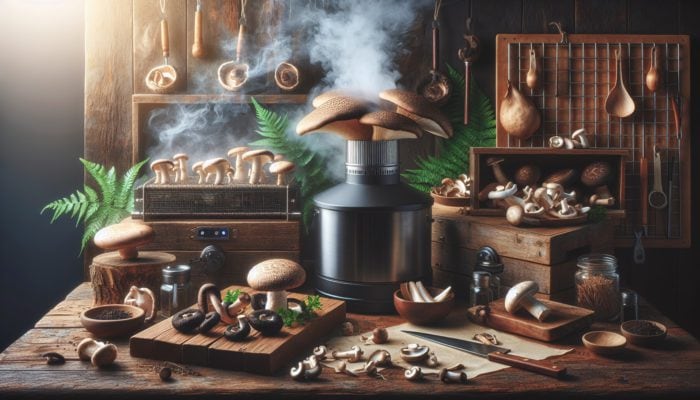 A rustic kitchen setting showcasing shiitake, portobello, and oyster mushrooms being smoked.