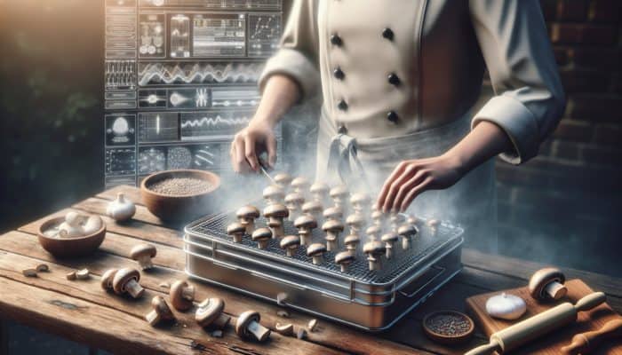 A chef preparing mushrooms for smoking: slicing, seasoning, and arranging on a smoker rack surrounded by rising smoke.