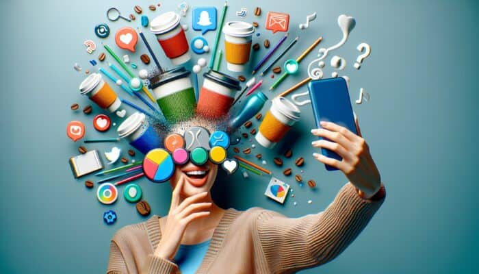 A colorful selfie filter showcasing playful coffee cups, logo, and color scheme for brand recognition.