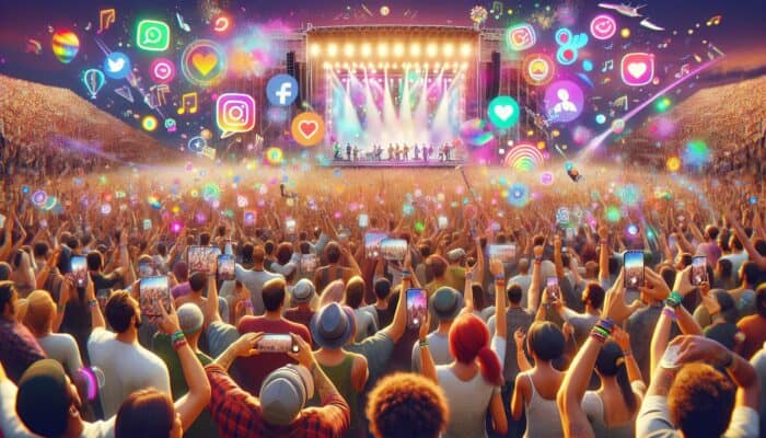Festival attendees using themed AR filters for colorful, animated selfies, enhancing social media engagement.