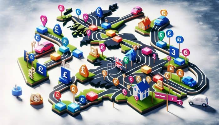How to Consolidate Debt Across State Lines: A Guide | DCL Visual Guide to UK Debt Consolidation Loan Options: A map showcasing various debt consolidation loan options with paths and signposts indicating unique benefits and tailored solutions.