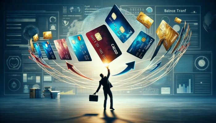 How to Consolidate Debt Across State Lines: A Guide | DCL Visual Representation of Balance Transfer: A person juggling credit cards, transferring balances to a new card with lower interest in an office.
