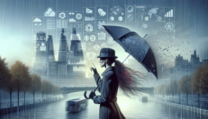 A person in the UK using an umbrella and a waterproof hat to protect their hair from rain in a misty urban setting.