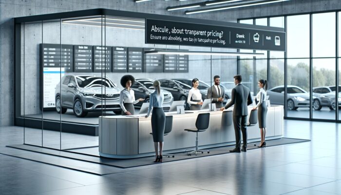 A modern car rental office showcasing transparent pricing, diverse vehicles, and friendly staff at a service desk.