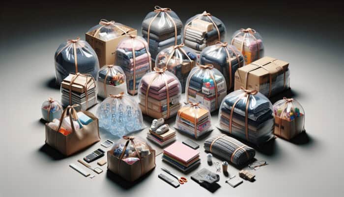 A variety of household items packed in reusable bags, with glassware secured in smaller bags for safe transport.