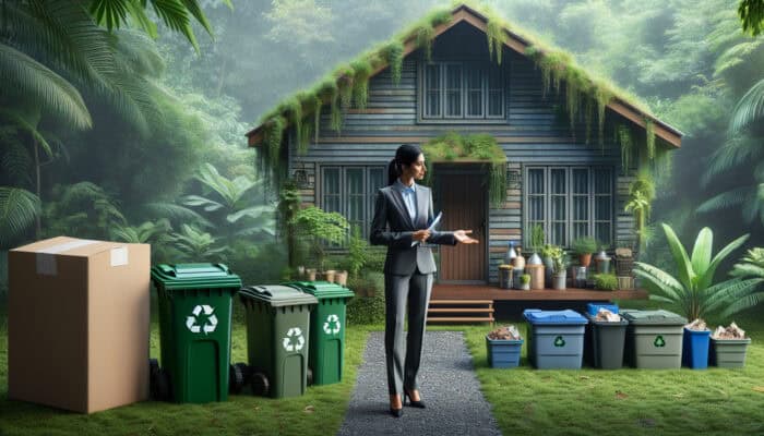 An expert discussing green waste regulations beside an organized house clearance with designated compost and recycling bins in a vibrant garden.