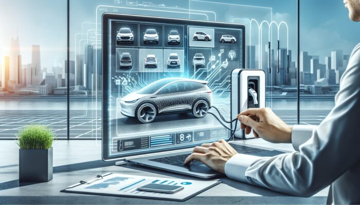 Individual finalizing EV rental on a laptop, showcasing EV models on screen, a charging station, and an urban skyline.