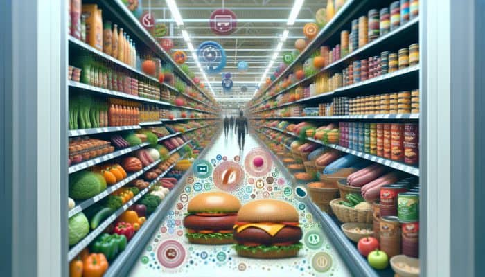 Supermarket aisle showcasing plant-based meats from top brands like Beyond Meat, featuring Beyond Burger and sausages.