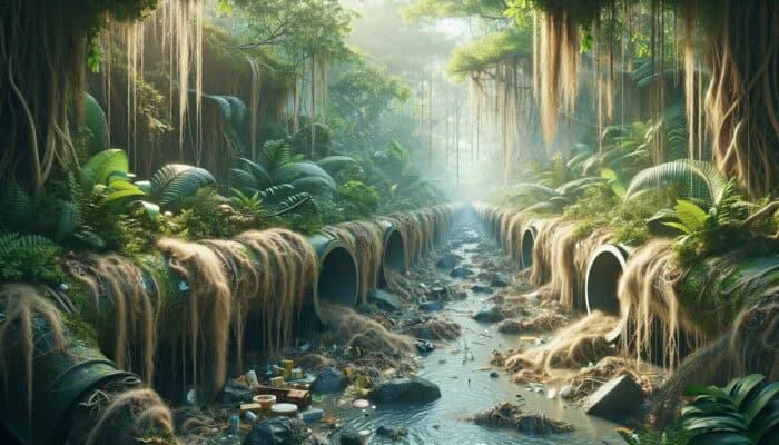 A mass of hair, grease, soap, and food particles clogging a drain in South Vancouver, with fallen leaves and tree roots obstructing outdoor pipes amidst lush vegetation.