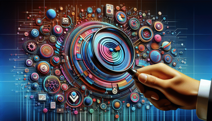 A digital interface showcasing graphs, user icons, and a magnifying glass focusing on a target, representing content optimization.