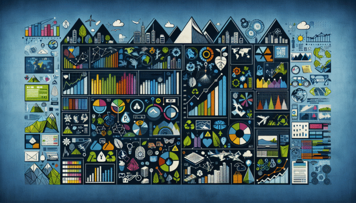 A digital dashboard illustrating global search trends for "eco-friendly travel options" with graphs, keywords, and eco-friendly icons.