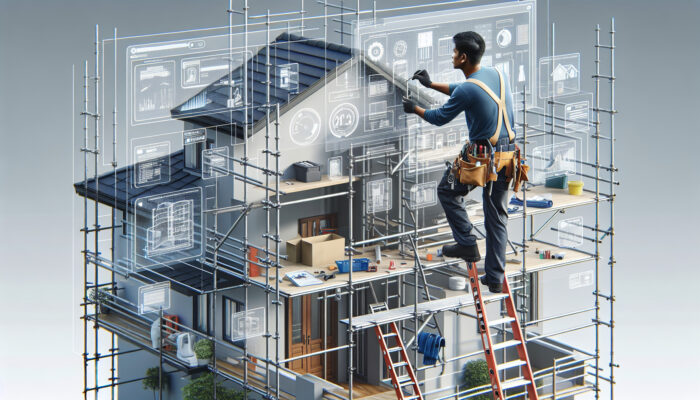 A worker utilizing a ladder and scaffolding to safely access upper floors in a multi-story home, adhering to UK safety regulations.