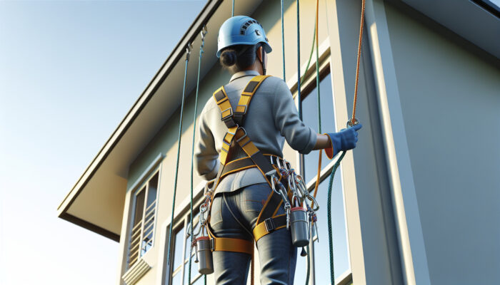 Worker in a full-body harness utilizing ropes for safety while clearing upper levels of a multi-story home.