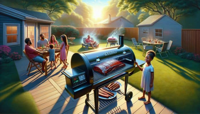 A modern electric smoker on a sunny American backyard patio, smoking ribs and brisket, with a family enjoying the BBQ.