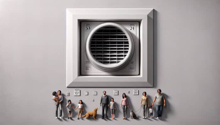 A clean air vent in a modern Abbotsford home, with an annual cleaning reminder and a family with pets.