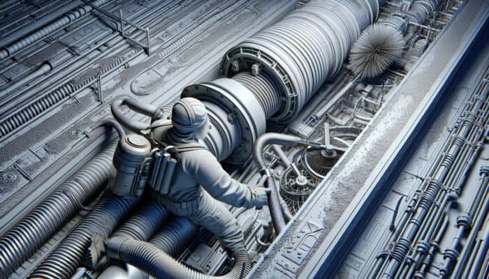 Technician using high-powered vacuum and rotary brush to efficiently clean ventilation systems, removing dust and debris.