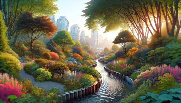 A picturesque landscape in West End Vancouver showcasing subtle drainage systems and flowing water amidst vibrant greenery and flowers.
