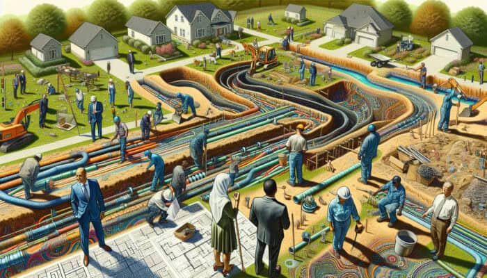 Professionals analyzing the site, designing, and installing drainage systems while homeowners observe and engage in discussions.