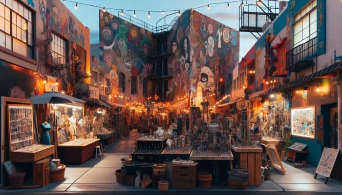 Vibrant Las Vegas Arts District street at dusk featuring eclectic boutiques and galleries showcasing local and international art.