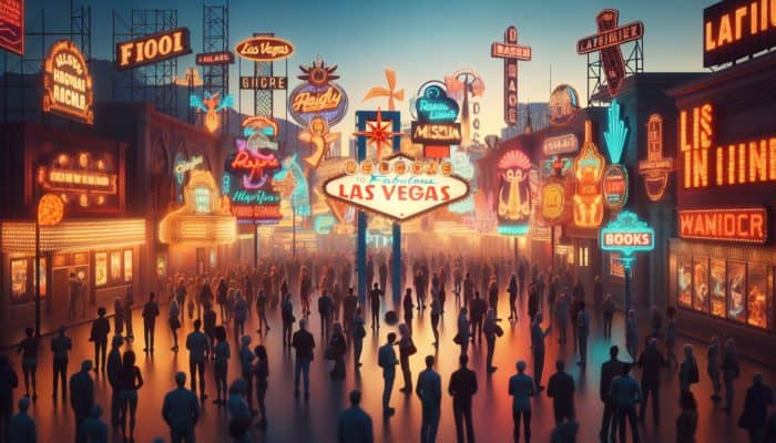 Iconic vintage neon signs illuminating the evening at The Neon Museum, with visitors exploring historical replicas and books.