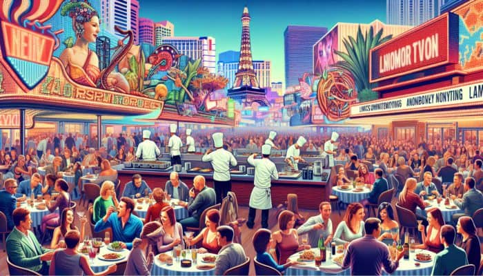 Diners enjoying diverse cuisines in themed Las Vegas restaurants with live entertainment and innovative cocktails.