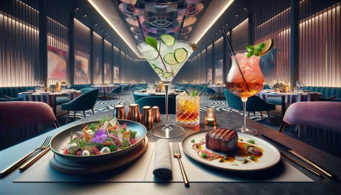A Las Vegas dining scene featuring Cucumber Gin Fizz and light salad, Bourbon Smash and steak, showcasing flavor pairing.