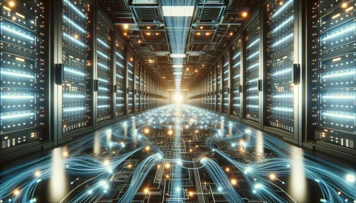 A modern server room with illuminated caches enhancing data speed through light streams.