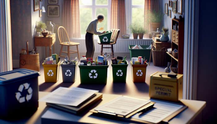 A person sorting household items into labeled bins for recycling and disposal, with legal documents on a table, in a UK home.