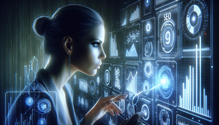 A digital marketing specialist examining SEO data on an advanced screen displaying holographic graphs and keywords, optimizing AEO strategies.
