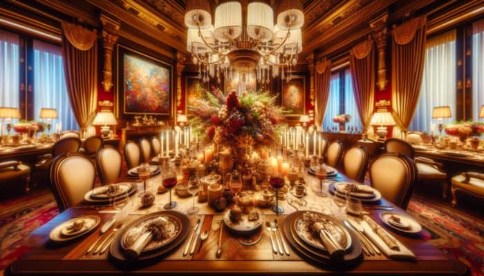 An elegantly themed dinner table featuring an expert-crafted centerpiece, fine china, and sophisticated lighting in a luxurious dining room.