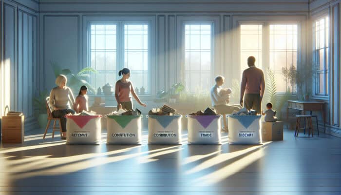A peaceful room where family members are sorting items into labeled categories: keep, donate, sell, dispose, under soft lighting.