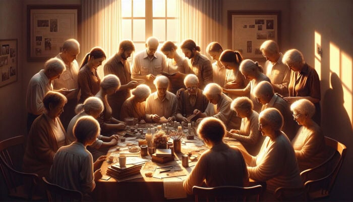 Family members sorting through possessions, sharing embraces, and honoring the deceased with rituals in a warm and inviting room.