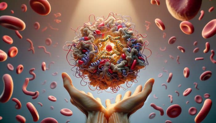 Ferritin Blood Test in Kendal: 3D model of ferritin protein binding and releasing iron ions amidst human cells and blood vessels.