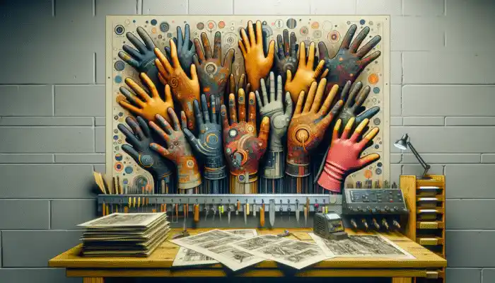 Latex gauntlet gloves from Showa, Ansell, and Polyco displayed on a workbench in Havant, highlighting grip, chemical resistance, and eco-friendliness.