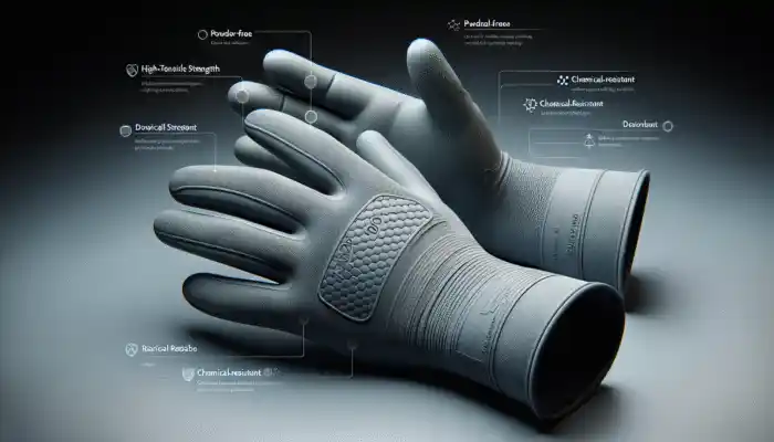 High-tensile strength latex gauntlet gloves featuring textured surfaces, powder-free, chemical-resistant, and long cuffs, safety-certified.