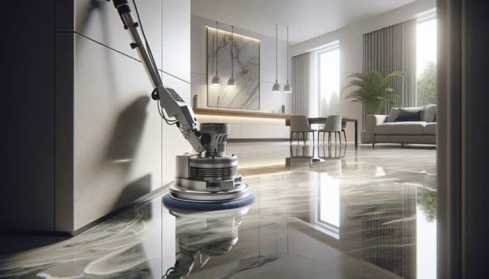Sleek modern stone floor polisher enhancing the shine of luxurious marble floor in a UK home.