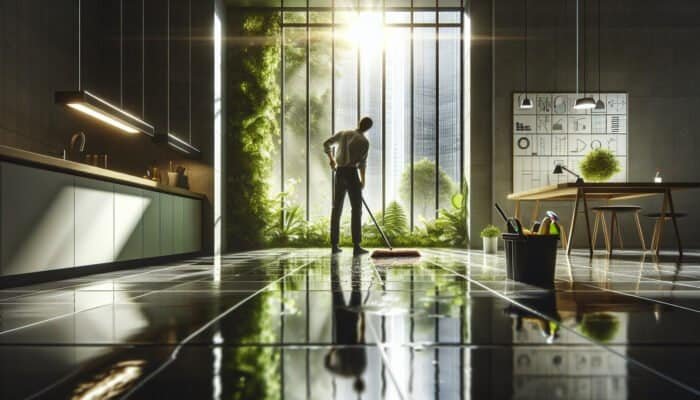 Individual in West Dunbartonshire cleaning slate floors with eco-friendly solutions, natural light and greenery visible.