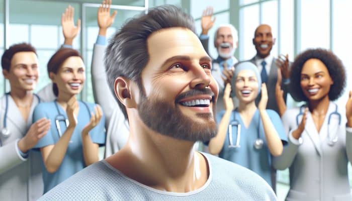 A 35-year-old man in Dukinfield clinic, revitalized after testosterone therapy, symbolizing successful hormone treatment.
