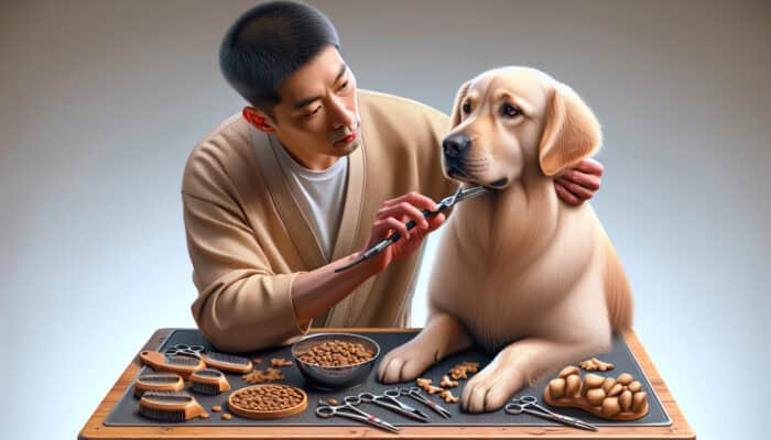 A dedicated groomer gently trimming a calm dog with fur trimming tools, with treats positioned nearby for encouragement.
