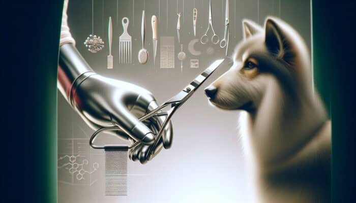 A serene grooming session featuring a calm pet being groomed with appropriate, well-maintained fur trimming tools in a familiar, quiet setting.
