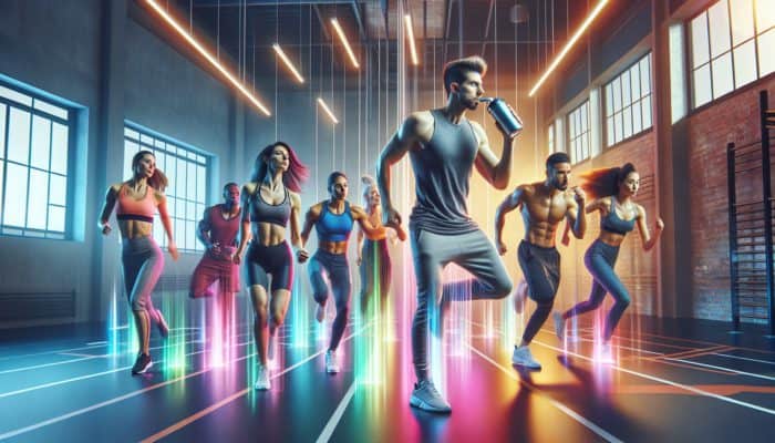 Energetic dance fitness class using pre-workouts in a modern, well-lit gym with dynamic lighting.