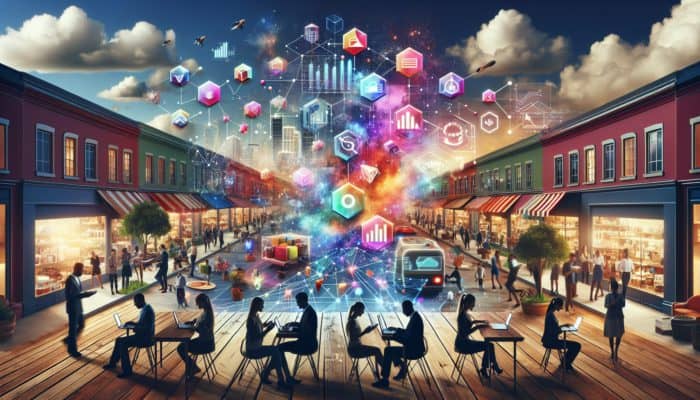 E-commerce Development in Bampton: A visual representation of a digital marketplace in Bampton with entrepreneurs leveraging technology to engage globally, highlighting e-commerce advantages.