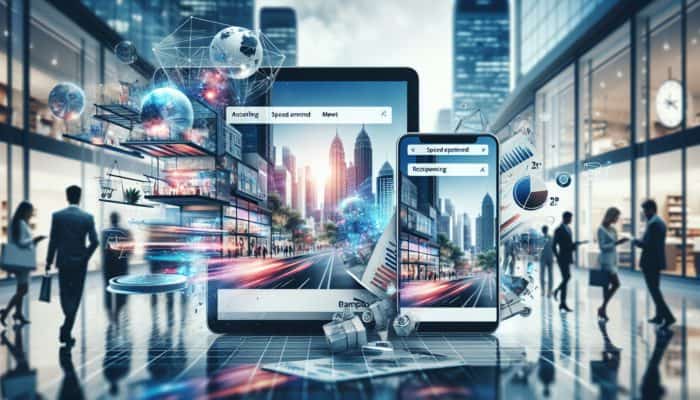 E-commerce website displayed on smartphone and laptop, showcasing user-friendly navigation and fast loading times, set in a Bampton business environment with shoppers.