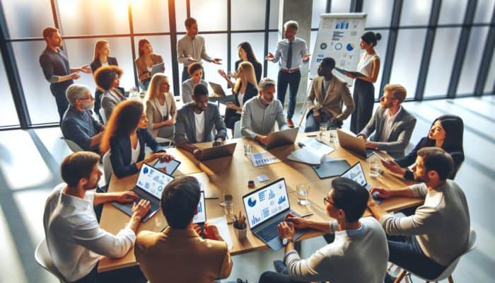 Bampton business owners participating in an e-commerce workshop, collaborating with tech professionals using laptops.